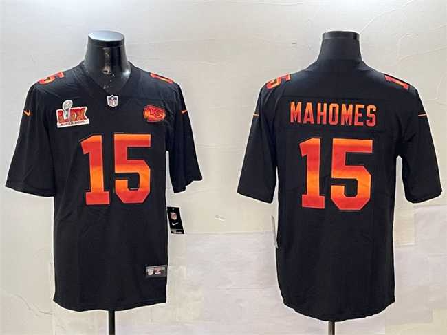 Mens Kansas City Chiefs #15 Patrick Mahomes Black 2025 Super Bowl LIX Patch Fashion Vapor Limited Stitched Jersey